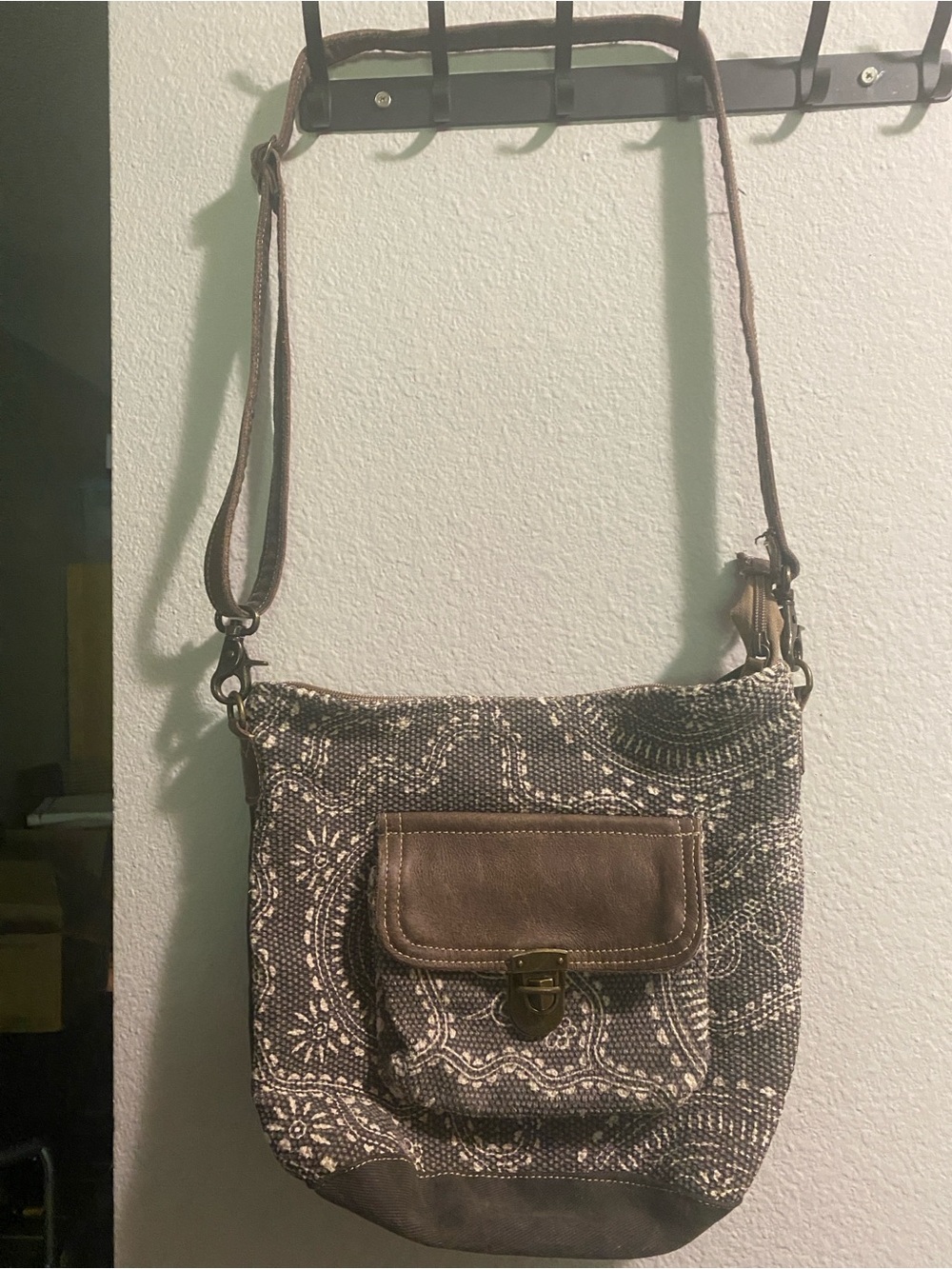 Brown Patterned Crossbody Bag with Front Flap Pocket